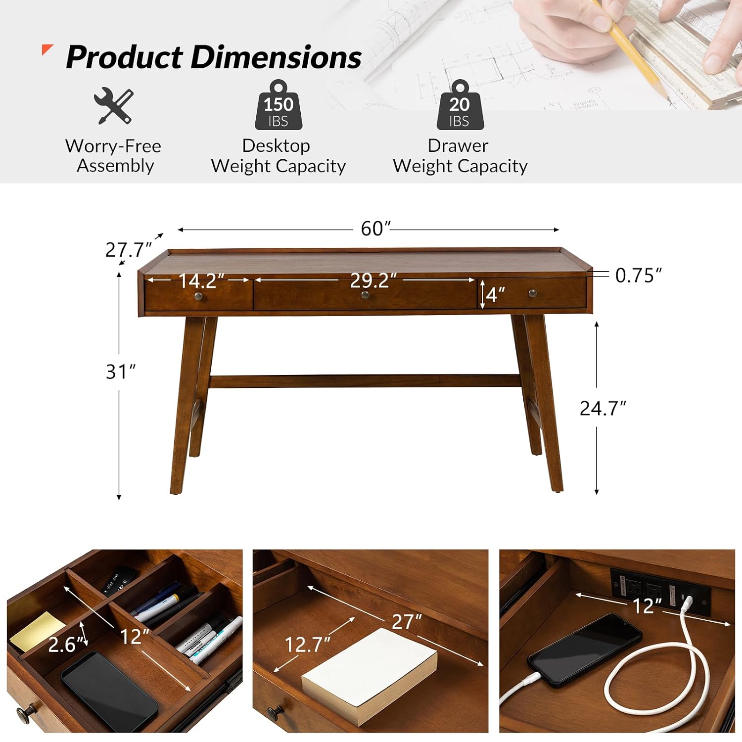 Biurko w stylu mid-century z 3 – Desk Charging Station recenzja i cena
